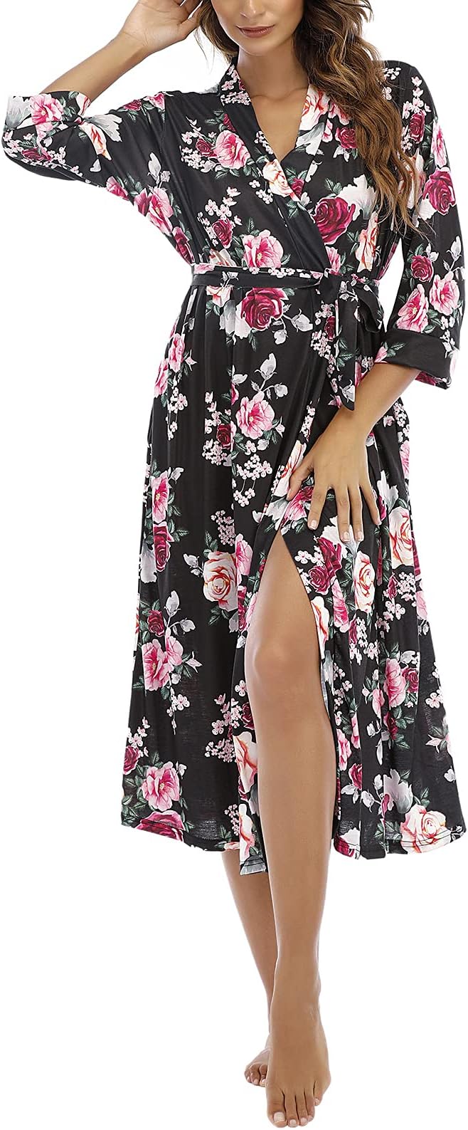 Damski Elegancki Szlafrok Kimono Podomka W kwiaty Przewiewny Delikatna Wiskoza L