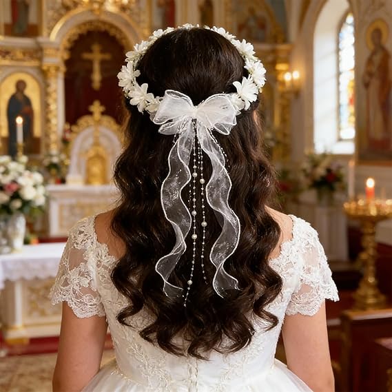 Wianek do Komunii Komunijny Biały Piękny Kwiaty z Kokardą Perełki Ozdoba Komunijna Drugie zdjęcie produktu