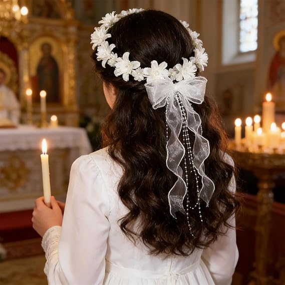 Wianek do Komunii Komunijny Biały Piękny Kwiaty z Kokardą Perełki Ozdoba Komunijna