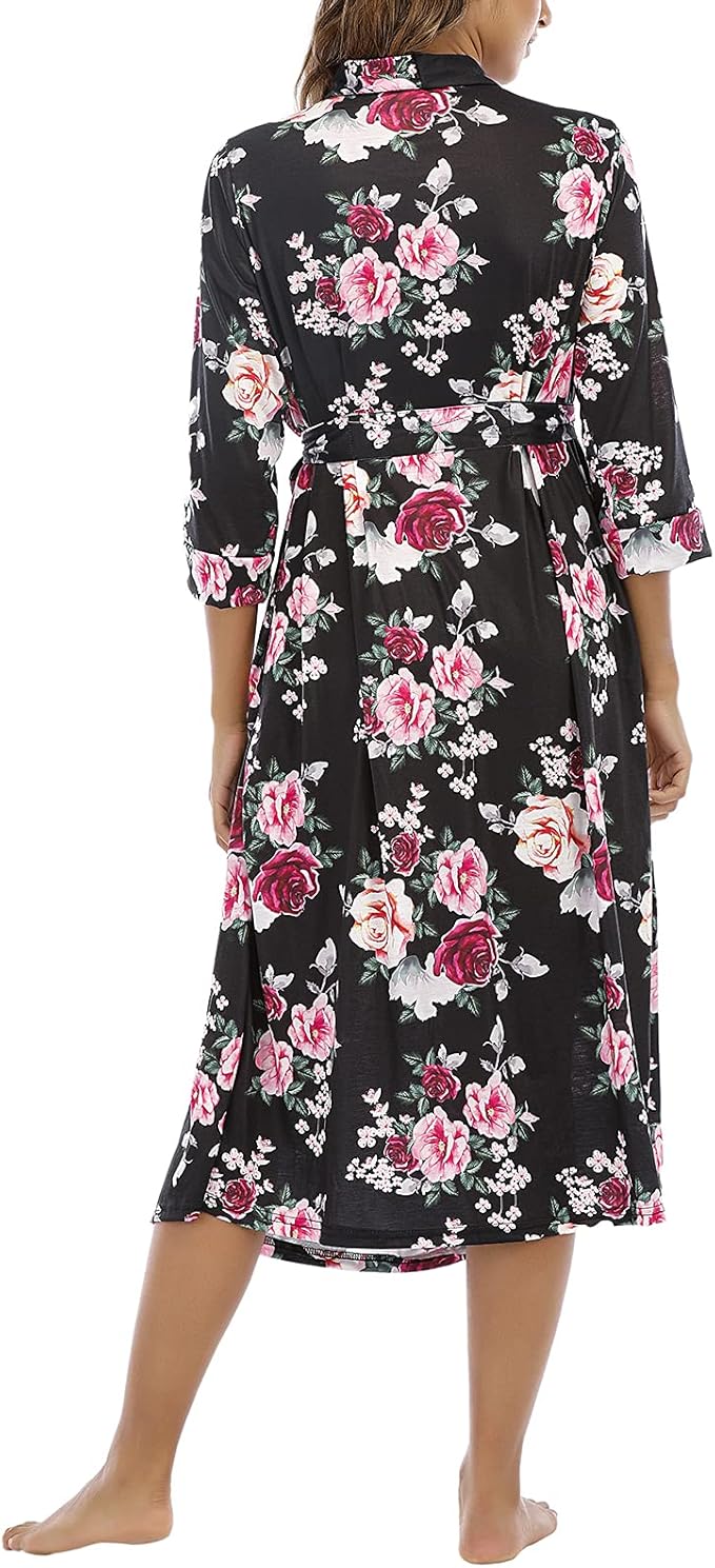Damski Elegancki Szlafrok Kimono Podomka W kwiaty Przewiewny Delikatna Wiskoza L
