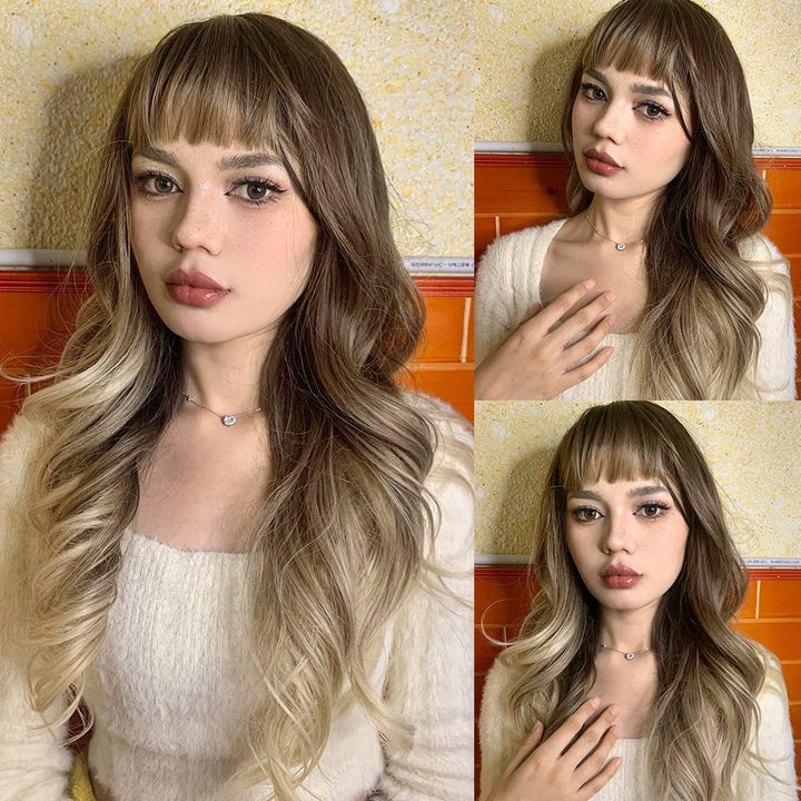 Peruka Naturalny Blond Kręcone Włosy Za Ramiona z Grzywką i Odrostem