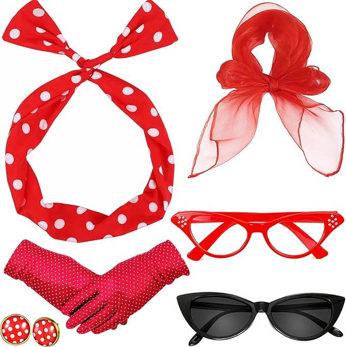 Zestaw Pin Up Retro 50s Czerwony – Opaska Okulary Rękawiczki Szalik Kolczyki