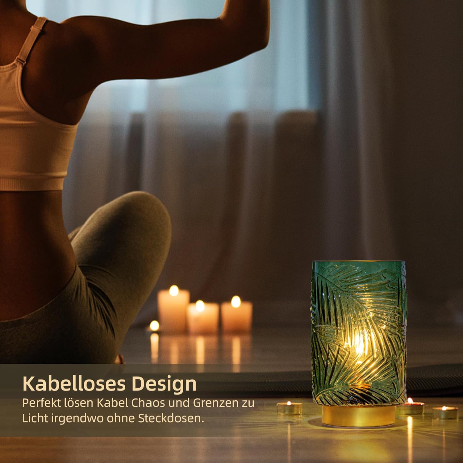 Bezprzewodowa lampa stołowa LED Na Baterie Zielona Liście Boho Szklana 21 cm