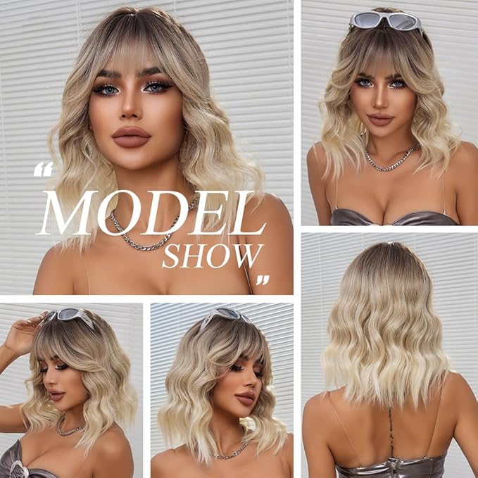 Peruka Krótka Falowana Krótki BOB do Ramion Ombre Blond 38 cm z Grzywką Drugie zdjęcie produktu