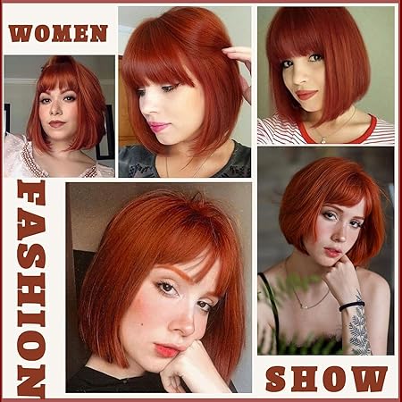 Peruka Krótki Bob Ruda Auburn z Grzywką Natural Look