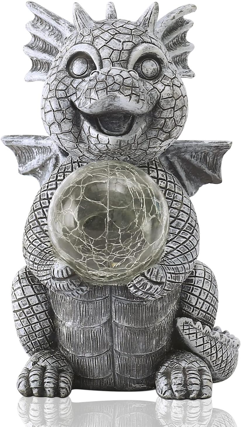 Lampka Solarna Figurka Do Ogrodu LED i Baterią Solarną Smok ze Świecącą Szklaną Kulą