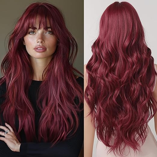 Peruka Bordowa Długa Falowana z Grzywką 26 Cali Natural Look Syntetyczna