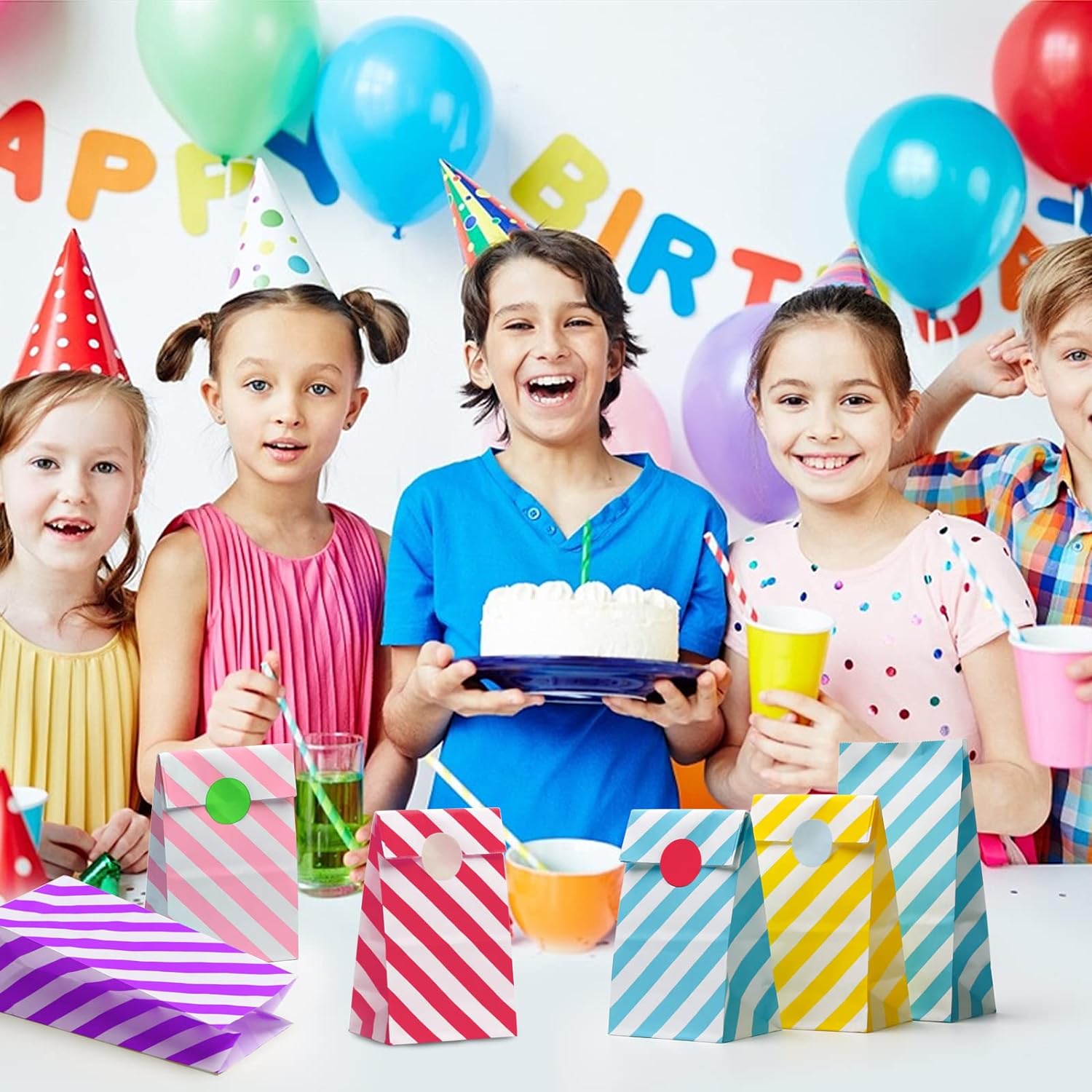 Torebki Mini Torby na słodycze Prezenty Cukierki w Kolorowe Paski 36 szt z Naklejkami