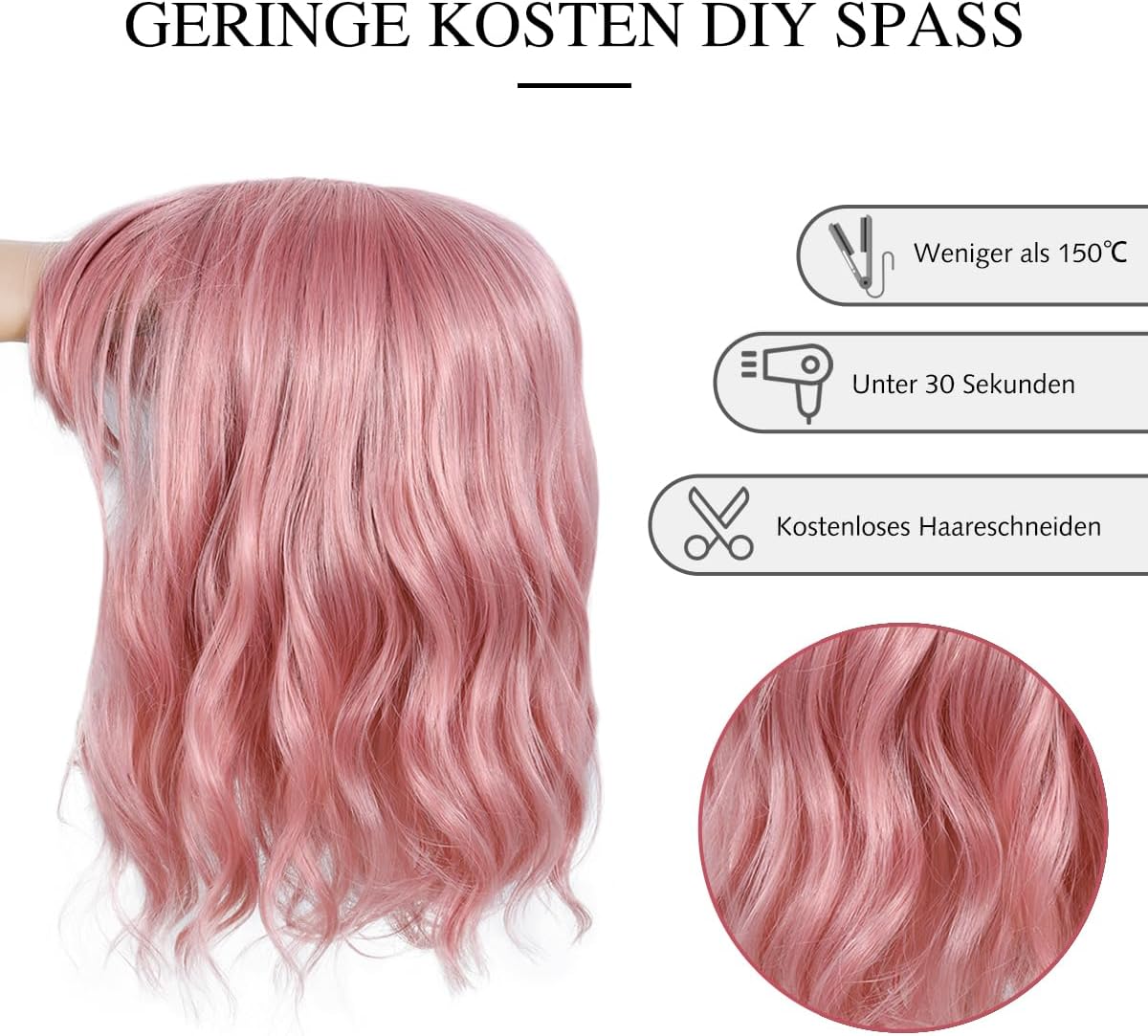 Różowa Pastelowa Peruka Kręcone Włosy Bob Do Ramion Naturalny Wygląd Cosplay Drugie zdjęcie produktu