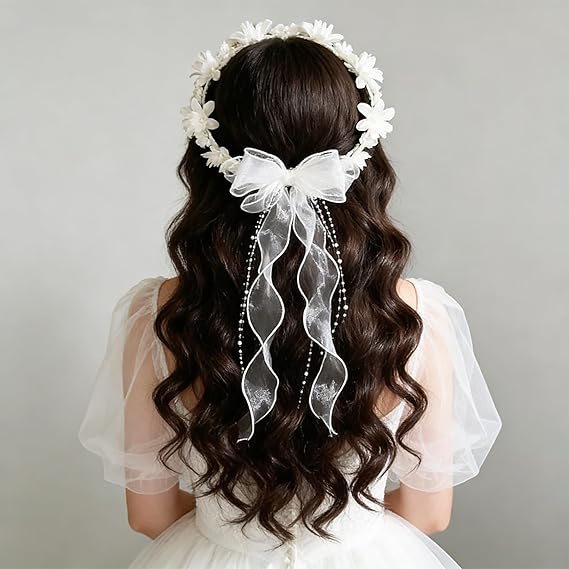 Wianek do Komunii Komunijny Biały Piękny Kwiaty z Kokardą Perełki Ozdoba Komunijna Główne zdjęcie produktu