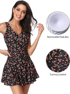 Shekini Kostium Sukienka Tunika Jednocześciowy Wyszczuplający Czarny Wzór w Wisnie