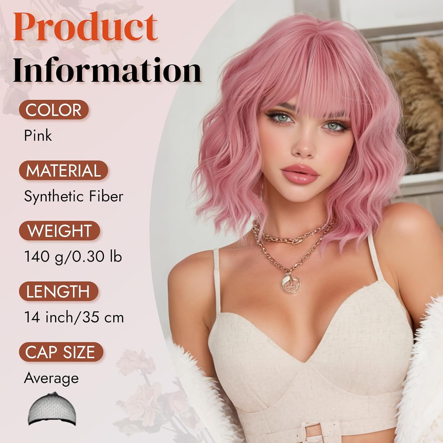 Różowa Pastelowa Peruka Kręcone Włosy Bob Do Ramion Naturalny Wygląd Cosplay Drugie zdjęcie produktu