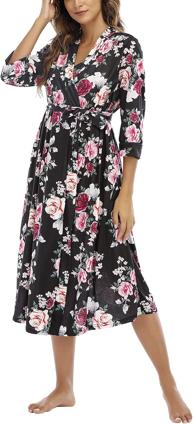 Damski Elegancki Szlafrok Kimono Podomka W kwiaty Przewiewny Delikatna Wiskoza L