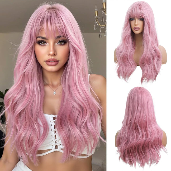 Peruka Różowe Włosy Długie Kręcone Pastelowe Naturalnie Wyglądająca Cosplay