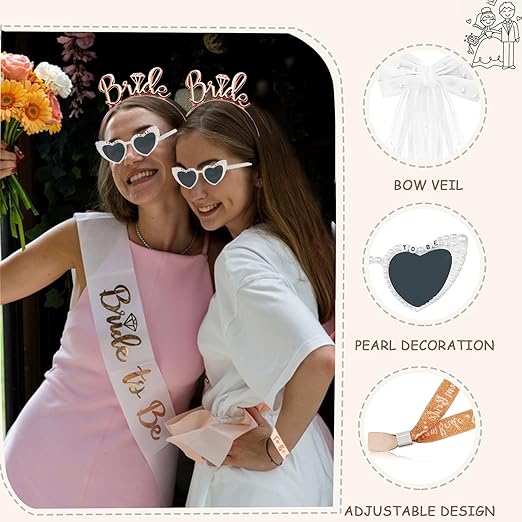 Zestaw Bride To Be Wieczór Panieński Okulary Serce Welon Opaska 5w1