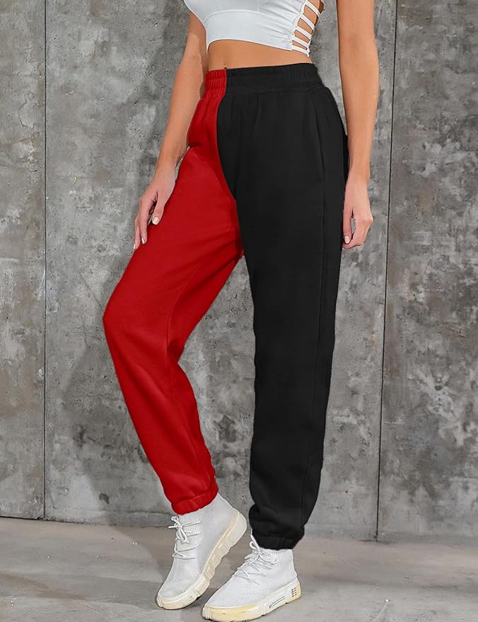 Spodnie Dresowe Damskie Ocieplane Czarno Czerwone Dwukolorowe Dresy typu Baggy Drugie zdjęcie produktu