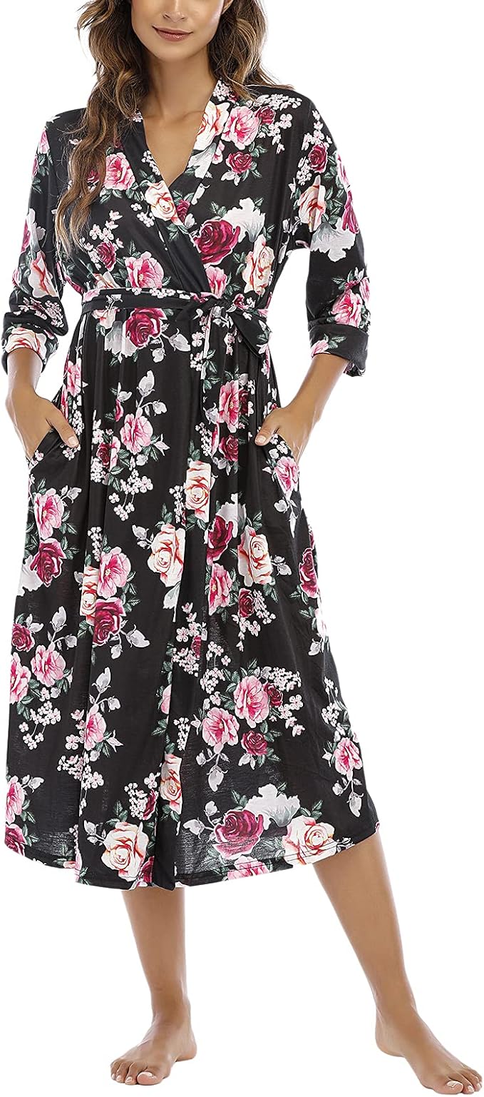 Damski Elegancki Szlafrok Kimono Podomka W kwiaty Przewiewny Delikatna Wiskoza L