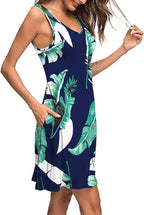 Letnia Sukienka Granatowa W Kwiaty Pióra Liście Hawajski Wzór Bez Rękawów