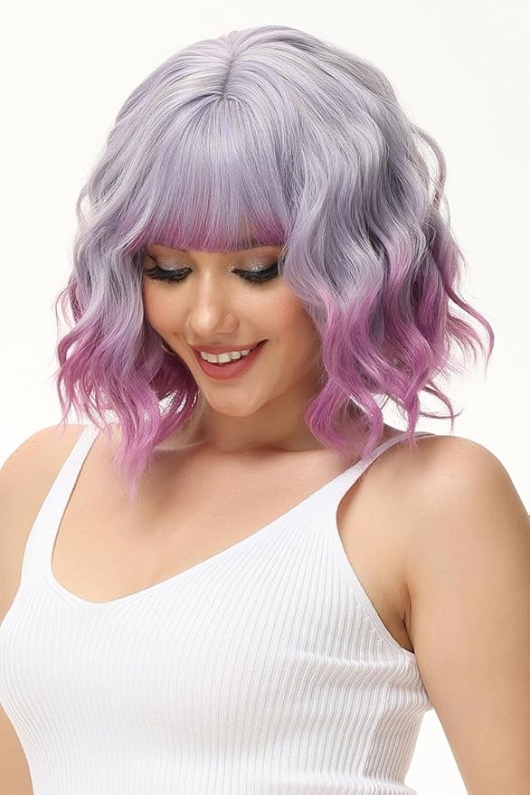 Peruka Ombre Fioletowo Różowa Falowana Krótki Bob z Grzywką Pastelowa Cosplay