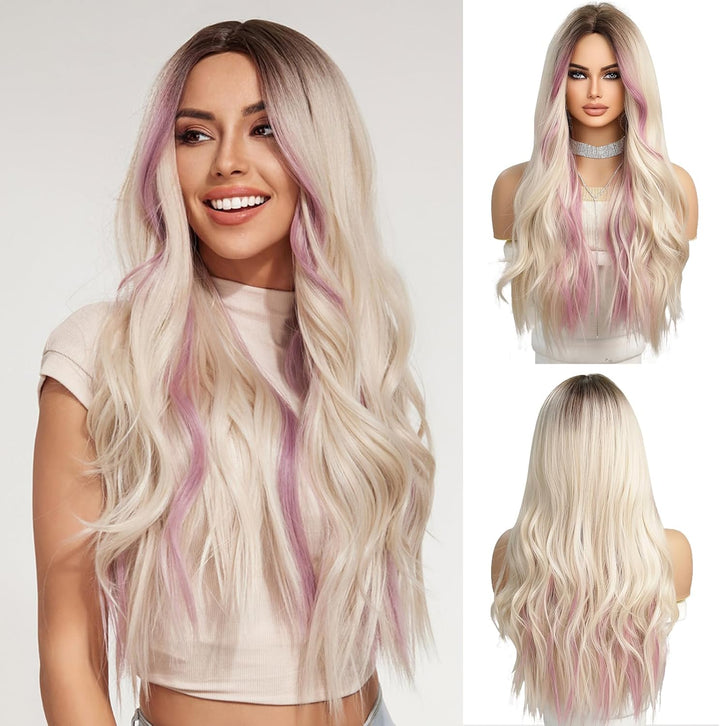 Peruka Blond Jasna z Pastelowymi Różowymi Pasemkami długie proste włosy 70cm Naturalnie wyglądająca