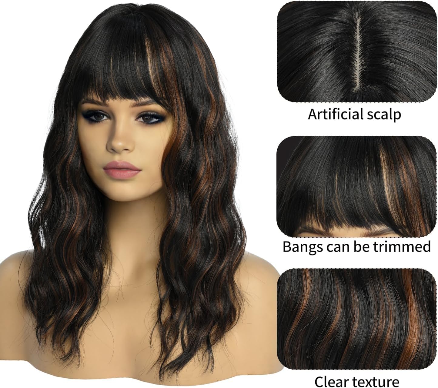 Peruka Brązowe Kręcone Włosy Do Ramion Naturalne Blond Pasemka Cosplay Drugie zdjęcie produktu