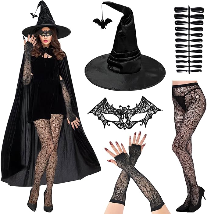 Kostium czarownicy Halloween damski peleryna kapelusz maska zestaw