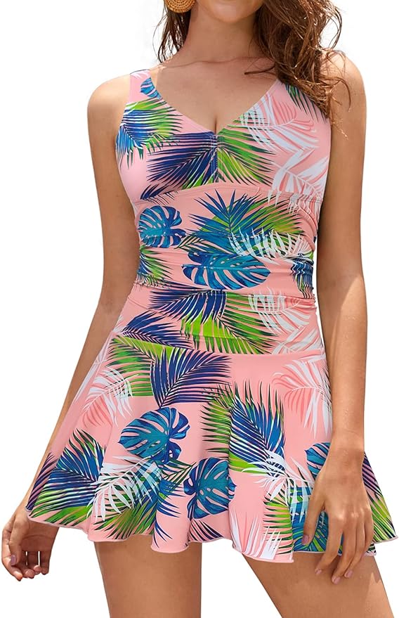 Shekini Kostium Sukienka Tunika Jednocześciowy Wyszczuplający Różowy w Kwiaty