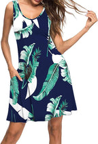 Letnia Sukienka Granatowa W Kwiaty Pióra Liście Hawajski Wzór Bez Rękawów