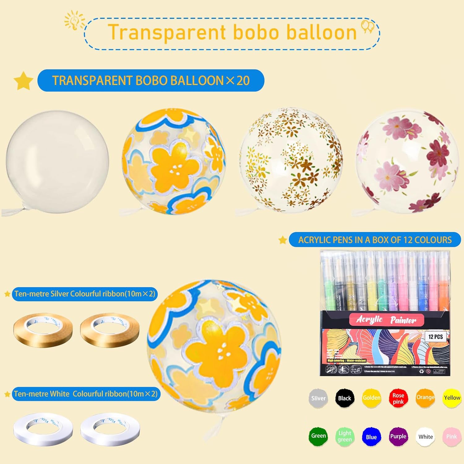 Zestaw 20 Przeźroczystych Balonów BOBO do Malowania z Kolorowymi Markerami Drugie zdjęcie produktu