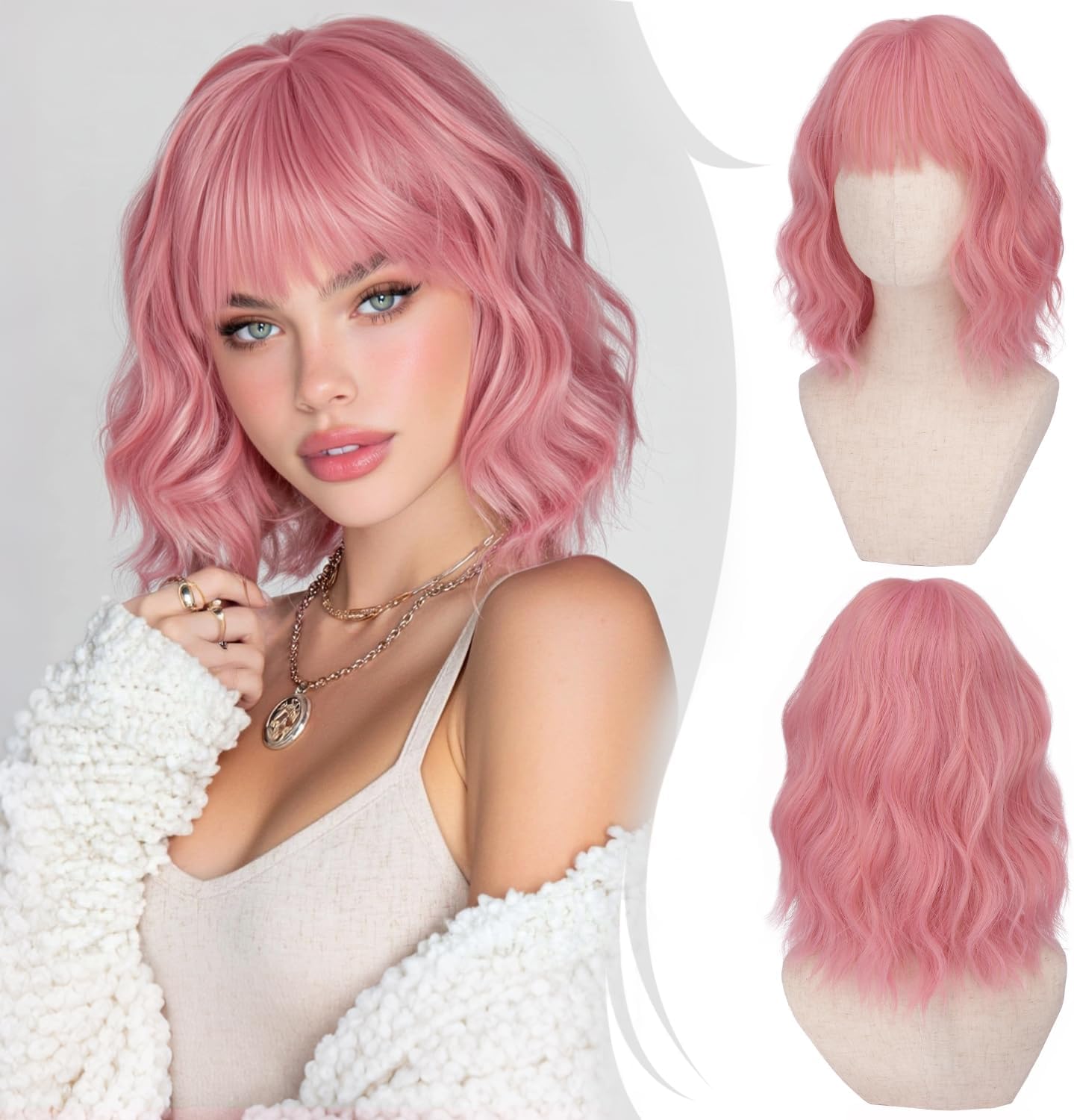 Różowa Pastelowa Peruka Kręcone Włosy Bob Do Ramion Naturalny Wygląd Cosplay Główne zdjęcie produktu