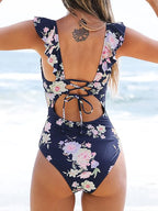 Kostium Strój Kąpielowy Jednoczęsciowy wyszczuplający w Kwiaty Ozdobny tył