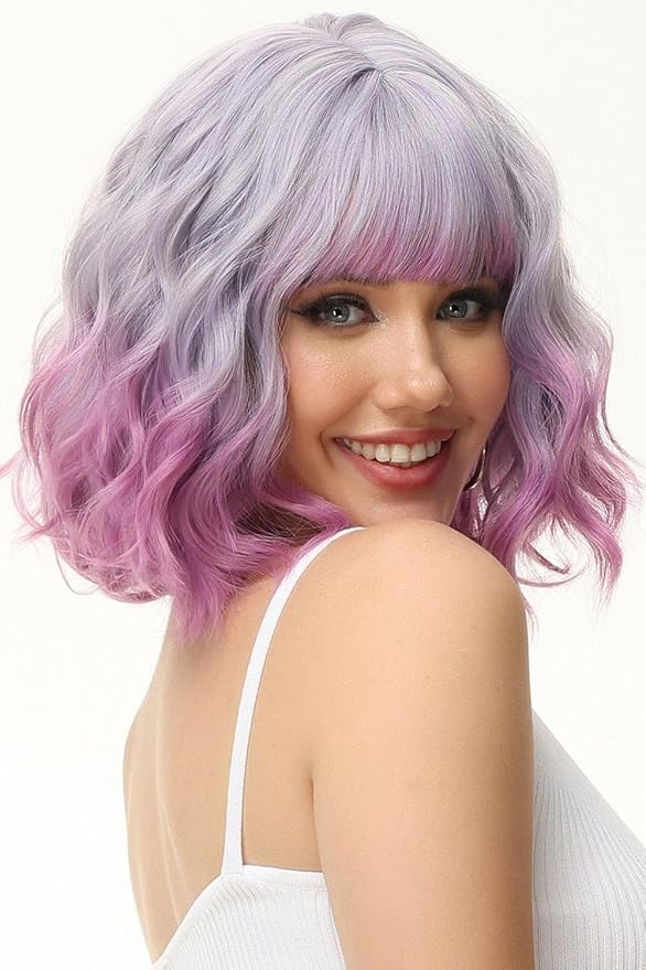 Peruka Ombre Fioletowo Różowa Falowana Krótki Bob z Grzywką Pastelowa Cosplay
