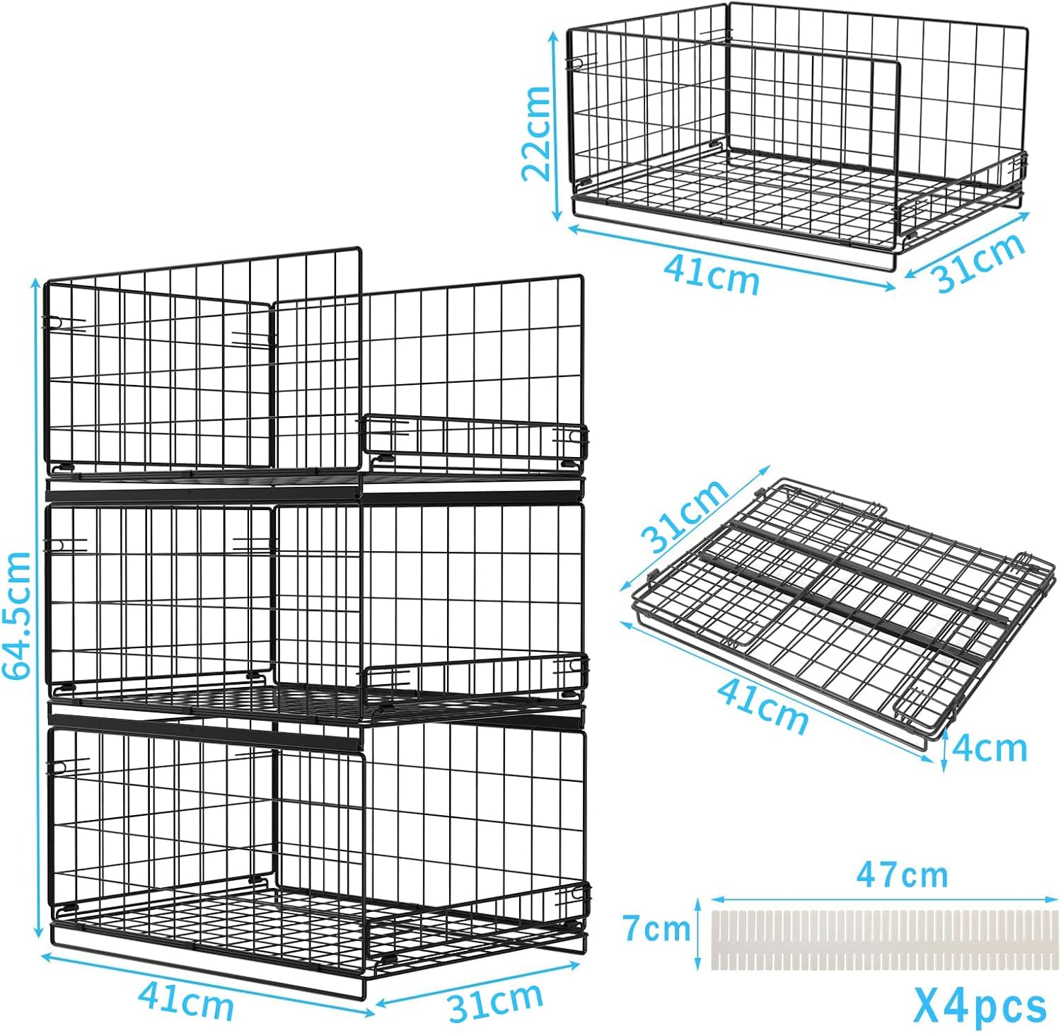 Kosze metalowe do szafy 3 szt. organizery 40x30x20 cm składane z przegródkami