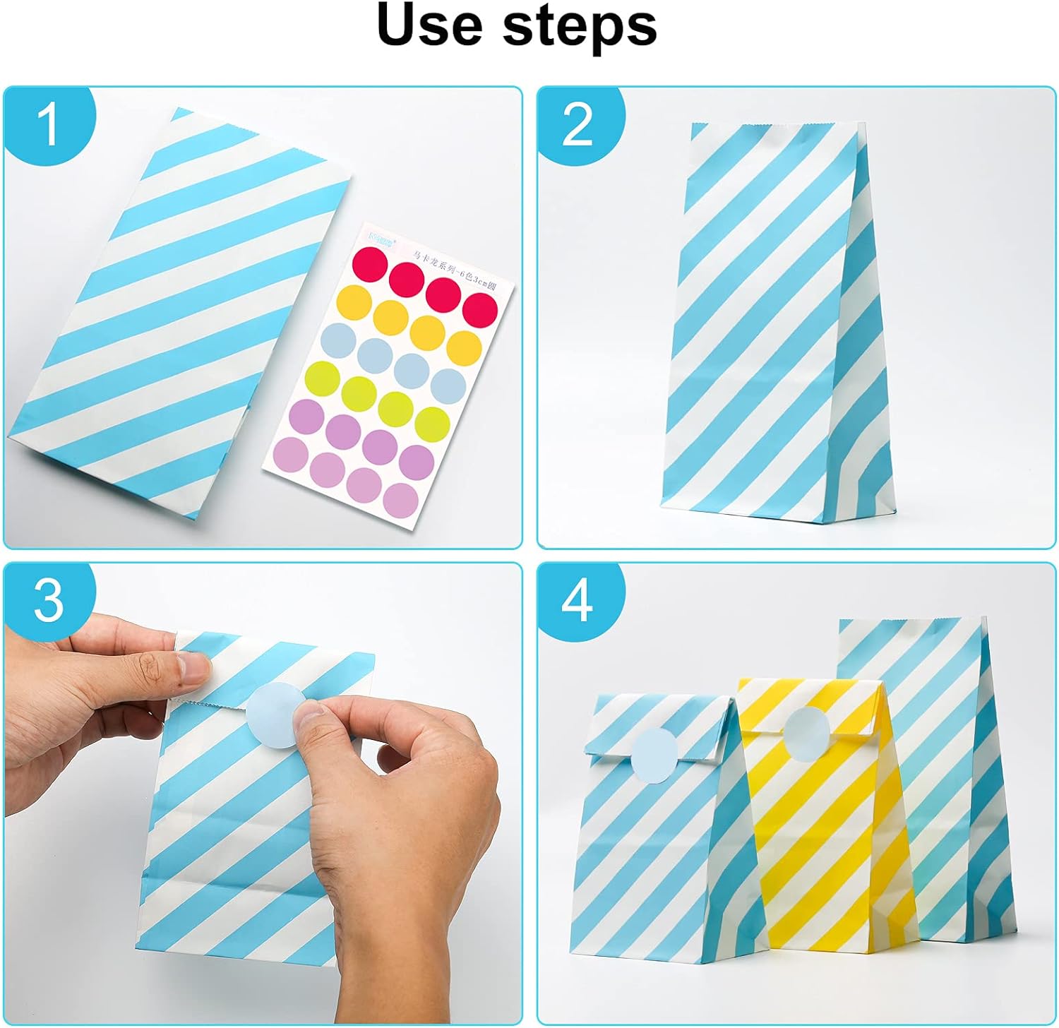 Torebki Mini Torby na słodycze Prezenty Cukierki w Kolorowe Paski 36 szt z Naklejkami