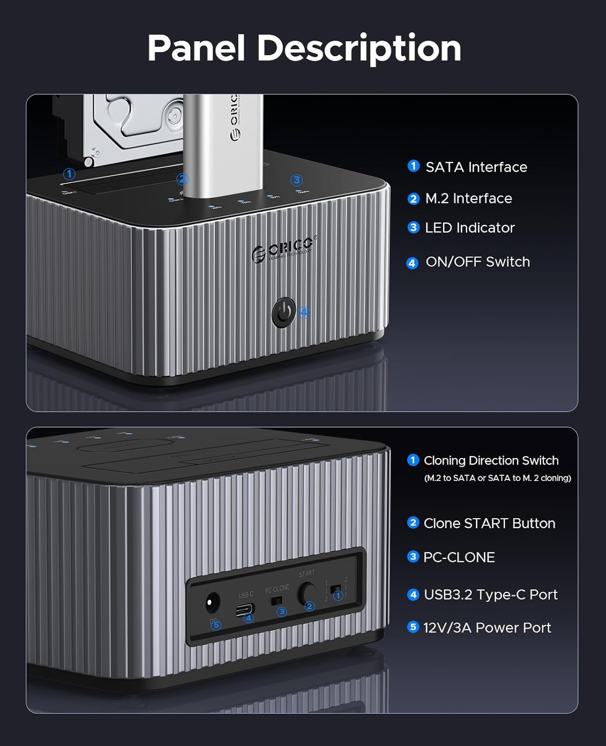 ORICO stacja dokująca M.2 NVMe & 2,5''/3,5'' HDD, klonowanie offline