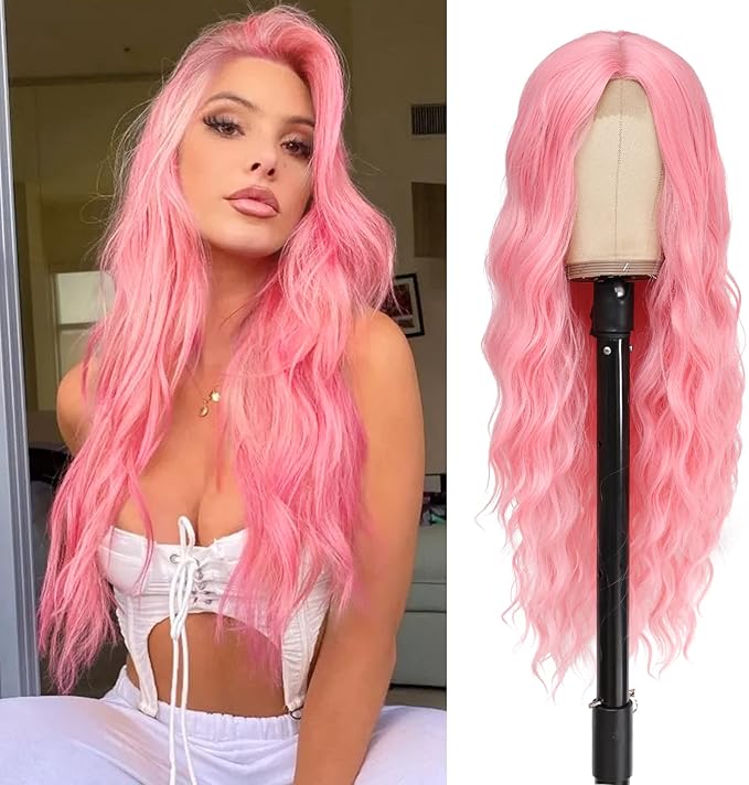 Peruka Długa Falowana Kręcone Długie Włosy Różowe 70 cm Lace Front Natural Look