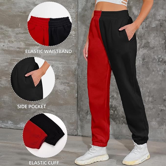 Spodnie Dresowe Damskie Ocieplane Czarno Czerwone Dwukolorowe Dresy typu Baggy