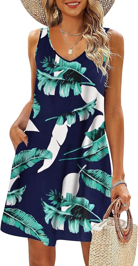 Letnia Sukienka Granatowa W Kwiaty Pióra Liście Hawajski Wzór Bez Rękawów
