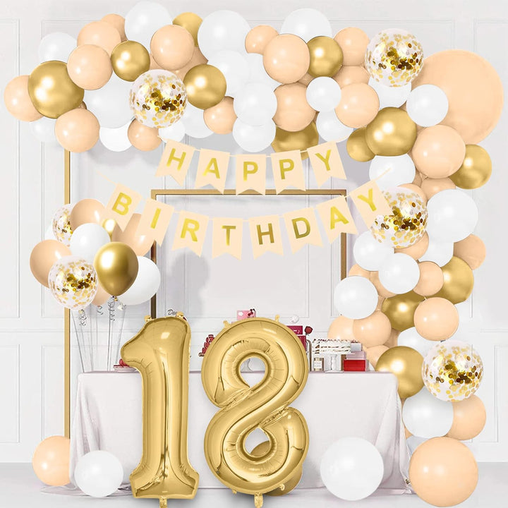 Balony Urodzinowe na Osiemnastkę 18 Urodziny Zestaw Balonów Girlanda Złote i Beżowe