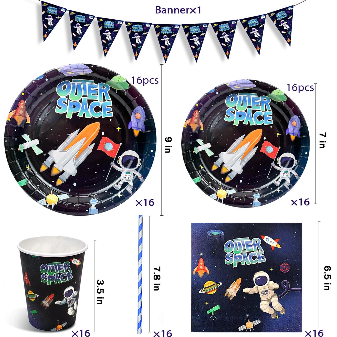Zestaw urodzinowy kosmos OUTER SPACE – 80 elementów: talerzyki, kubki, serwetki, girlanda