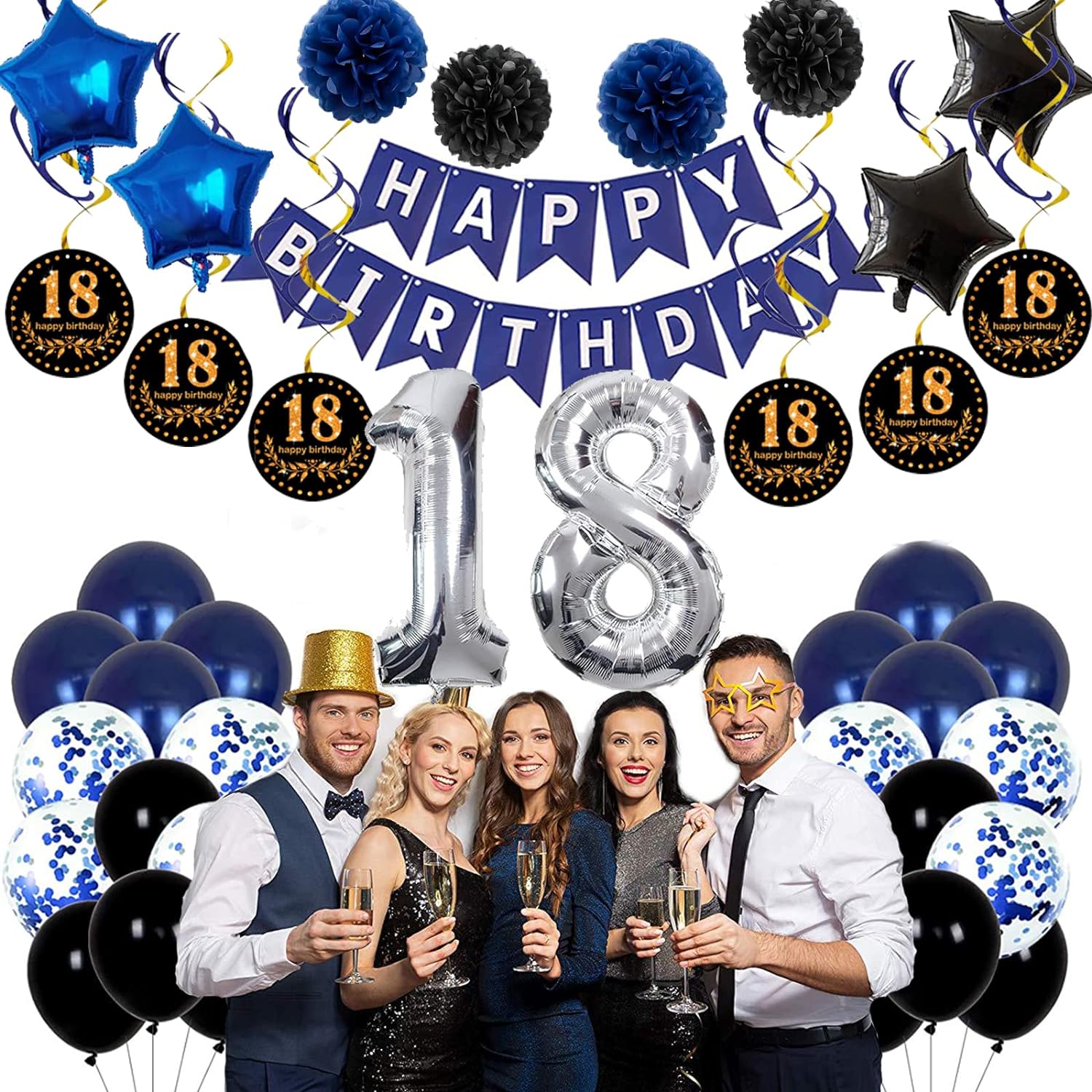 Balony Urodzinowe na Osiemnastkę 18 Urodziny Zestaw Balonów Girlanda Niebieskie Czarne Granat