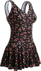 Shekini Kostium Sukienka Tunika Jednocześciowy Wyszczuplający Czarny Wzór w Wisnie