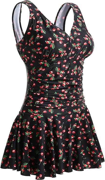 Shekini Kostium Sukienka Tunika Jednocześciowy Wyszczuplający Czarny Wzór w Wisnie