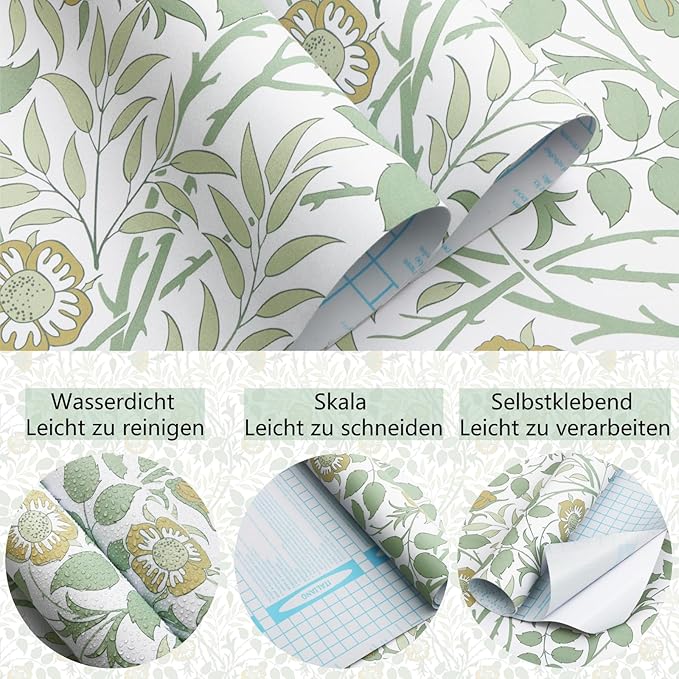Tapeta samoprzylepna retro kwiaty zielona wodoodporna dekoracyjna 3mx40cm