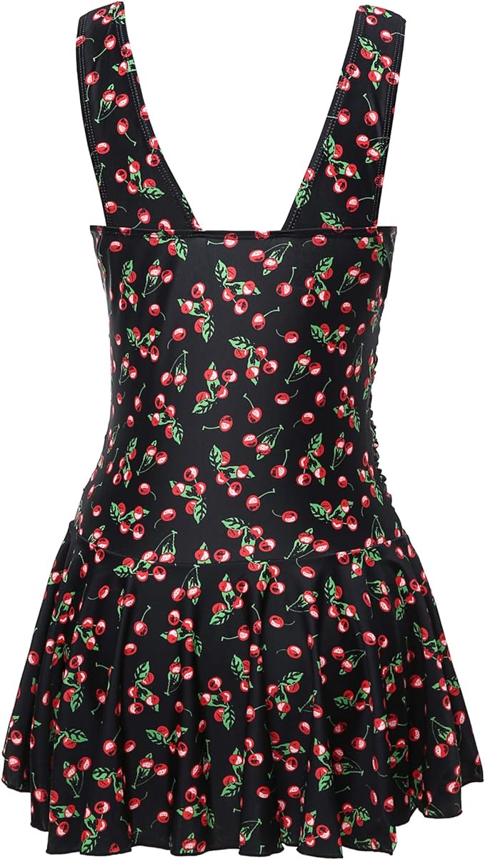 Shekini Kostium Sukienka Tunika Jednocześciowy Wyszczuplający Czarny Wzór w Wisnie