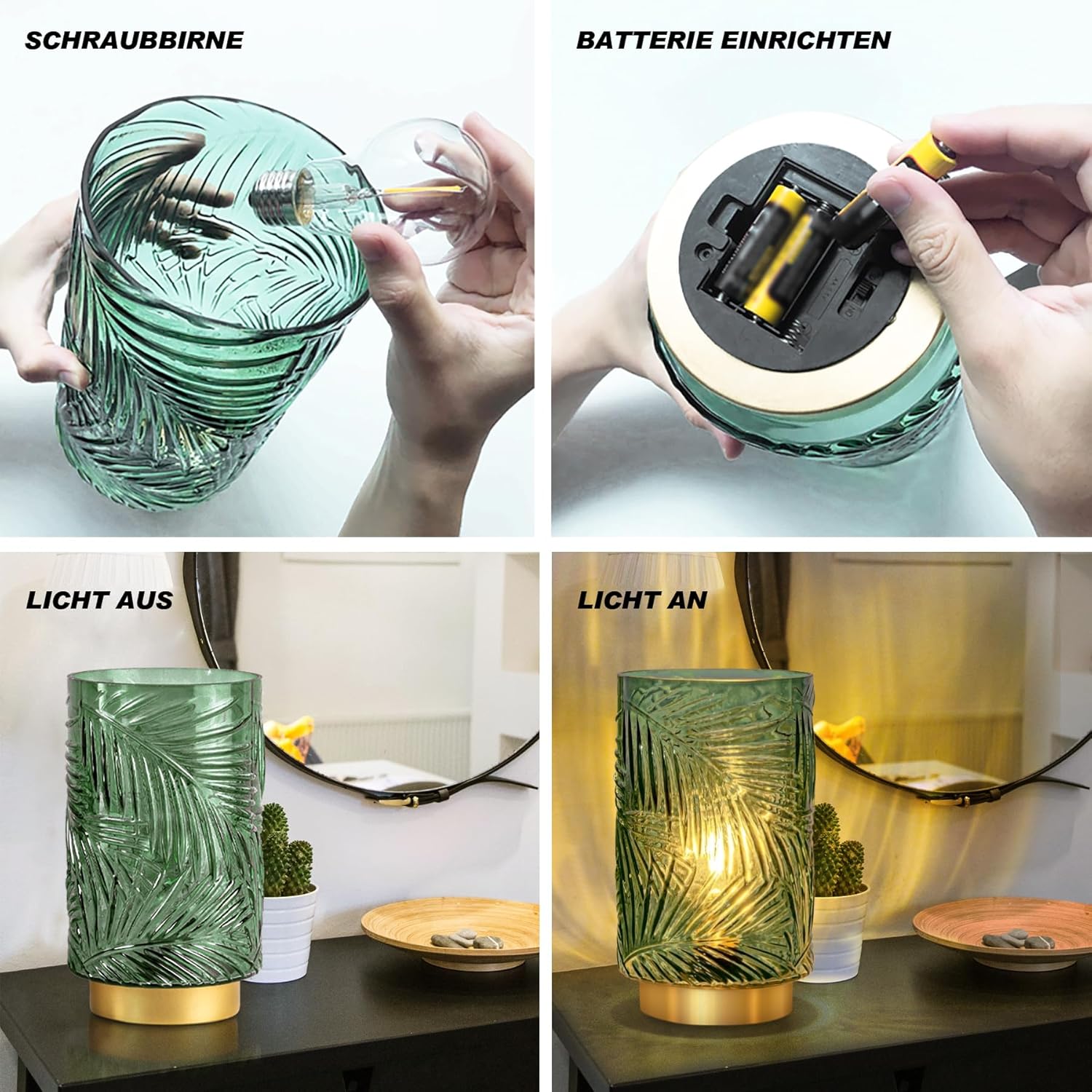 Bezprzewodowa lampa stołowa LED Na Baterie Zielona Liście Boho Szklana 21 cm