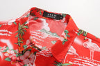 Letnia Męska koszula Hawajska Wzór w Hawajskie Kwiaty Liście Przewiewna Lekka Czerwona