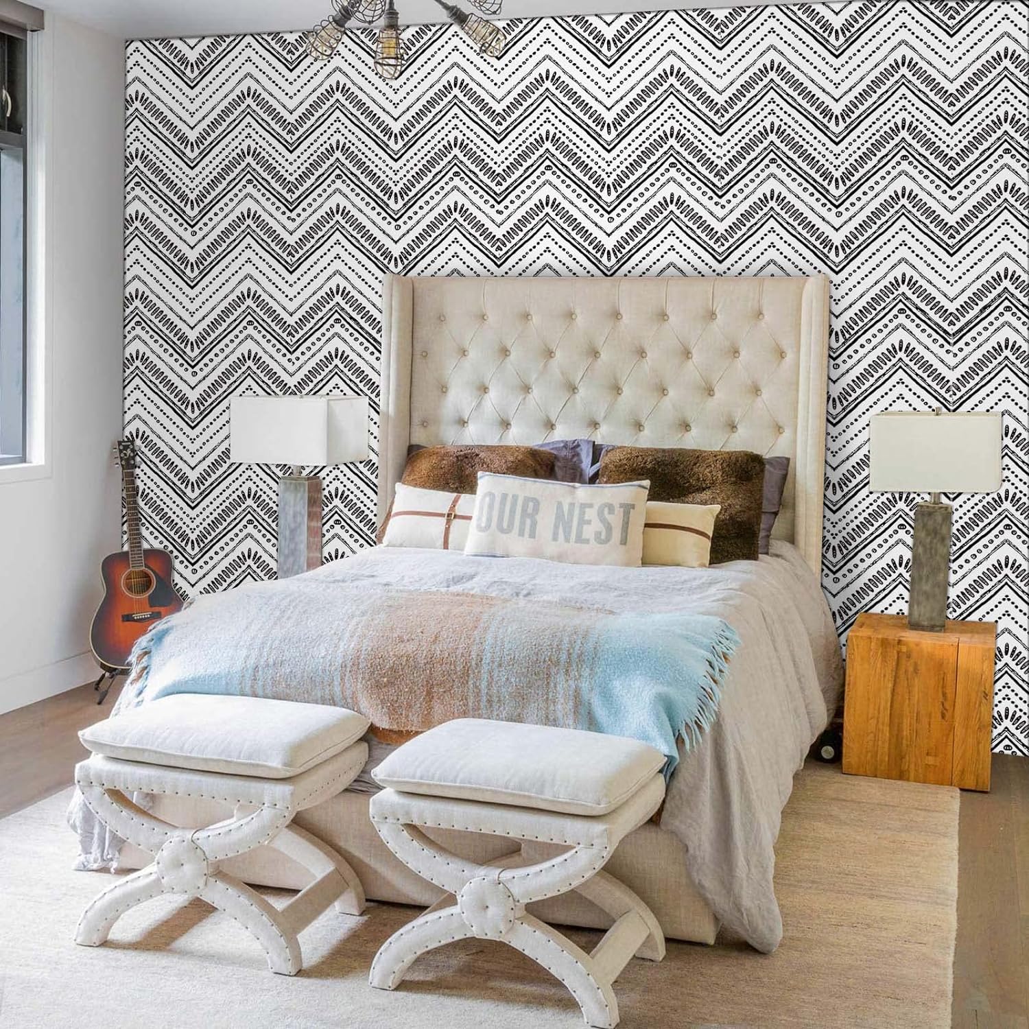 Samoprzylepna Okleina Meblowa Biała Czarny Modny Wzór 6m x 45cm