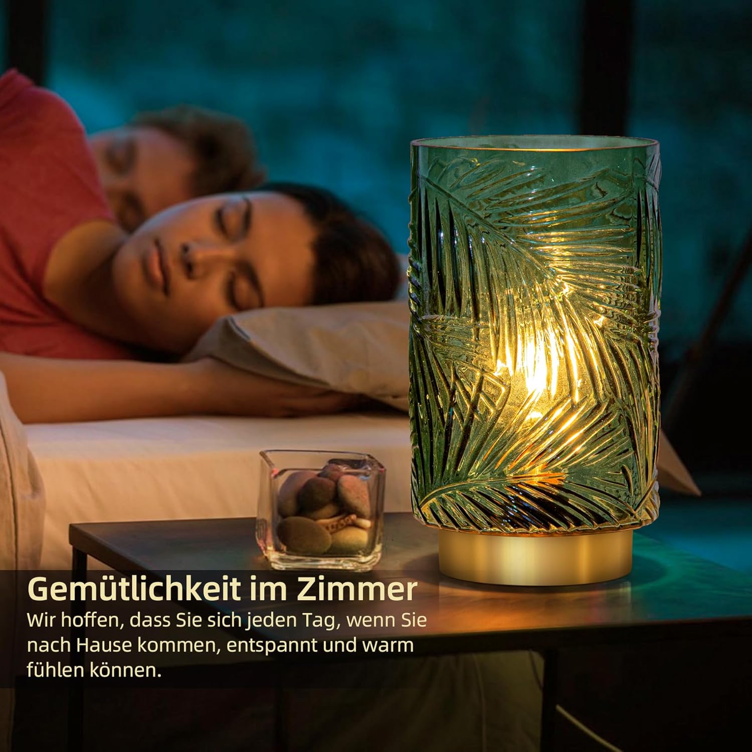 Bezprzewodowa lampa stołowa LED Na Baterie Zielona Liście Boho Szklana 21 cm