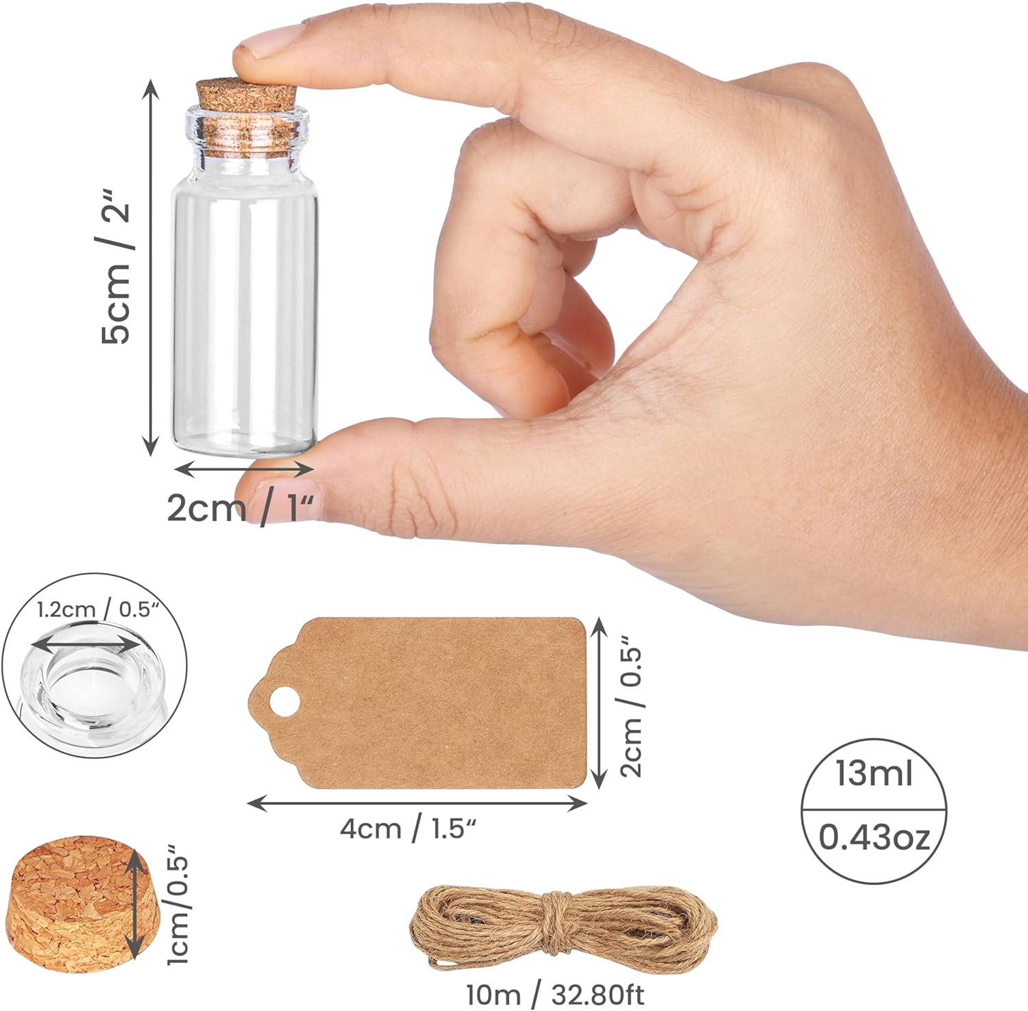 Szklane Mini Buteleczki ozdobne dekoracyjne z korkiem na podziękowania Komplet 64szt 5cm Drugie zdjęcie produktu